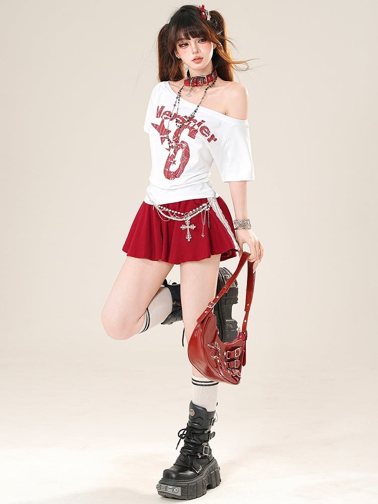 Red Glamorous Skirt Trim Embroidery Lace Letter