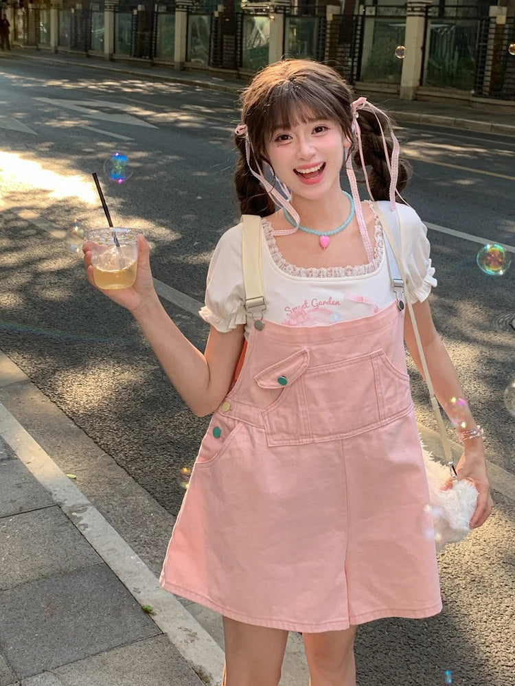 Denim Overall Shorts Grün Candy Farbe Pink/Mint