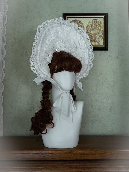 Trimmed Accents Lolita Bow Lace White with Bonnet