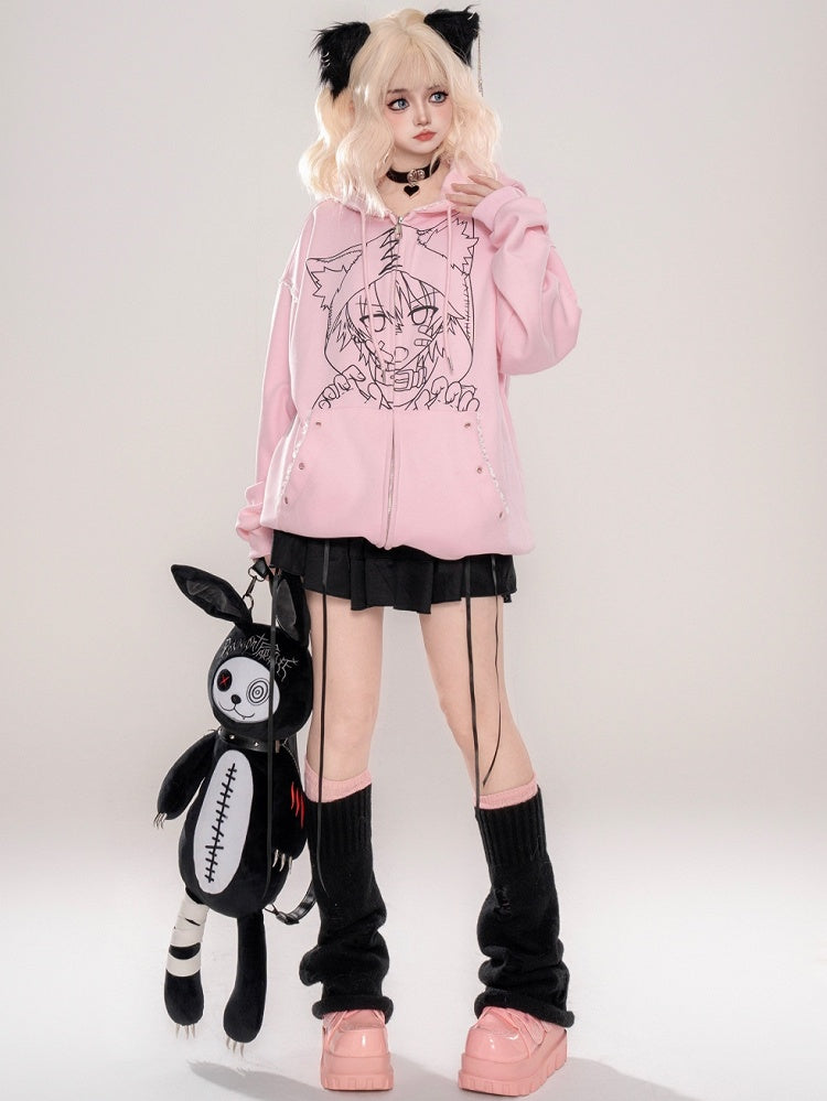 Punk Black/Pink Anime Girl Print Cat Ears Zip Hoodie