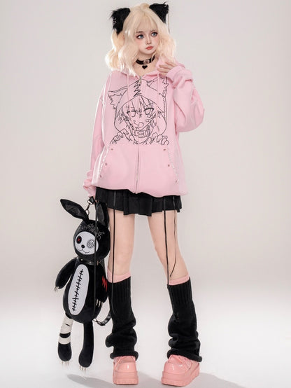 Punk Black/Pink Anime Girl Print Cat Ears Zip Hoodie