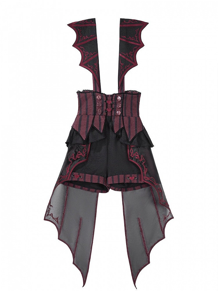 Red & Black Jacquard Heart Striped Overall Shorts - Unknown Star
