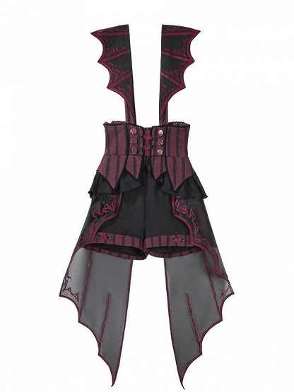 Red & Black Jacquard Heart Striped Overall Shorts - Unknown Star