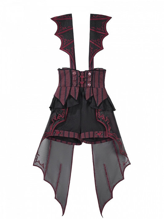 Red & Black Jacquard Heart Striped Overall Shorts - Unknown Star