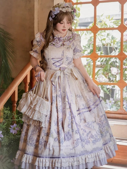 Plus Floral Purple Available Dress Short Lolita Embroidery Print Sizes and Classic Sleeves