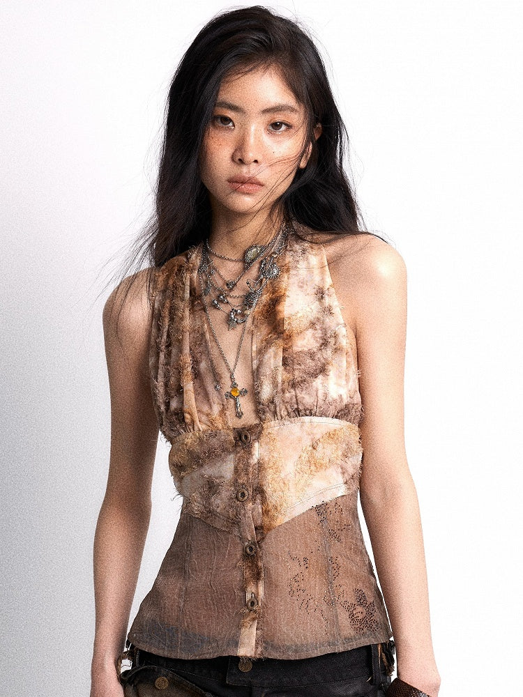Punk Hem Fleece Button Patchwork with Top Detail Khaki Rhinestone Halter