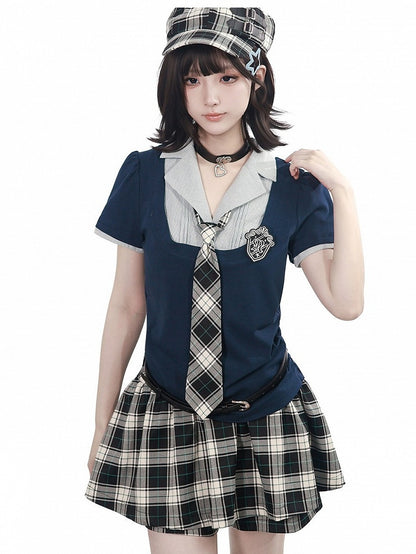 Blue Preppy Two-Piece Fitted Short Sleeve Top with Badge - PINK SAVIOR