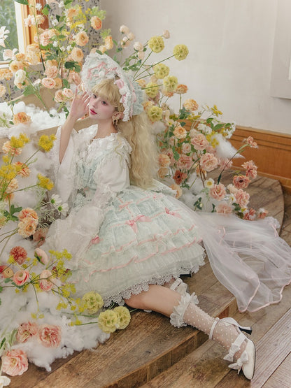 Detachable Sweet Bows Green Skirt Mint JSK Hime Layered Dress Hanayome with Lolita