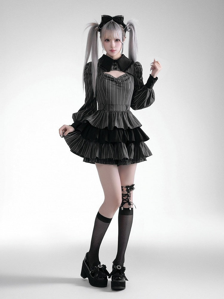 Black Gray Jirai Kei Striped Collared Tiered Ruffle Dress Set - Fluffy Heart