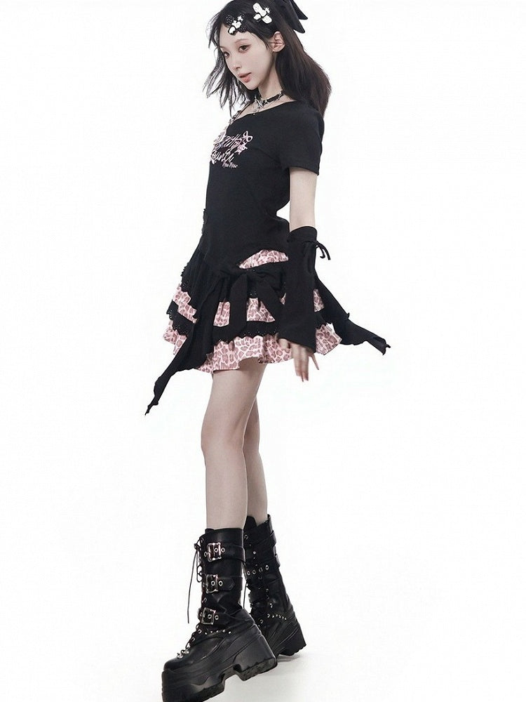 Asymmetric Black Top with Letter Print and Irregular Hem - PINK SAVIOR