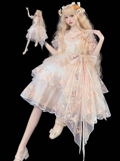 White Elegant JSK Apricot Floral Lolita Painting-Inspired Hanayome-Style Short Embroidered Oil Dress