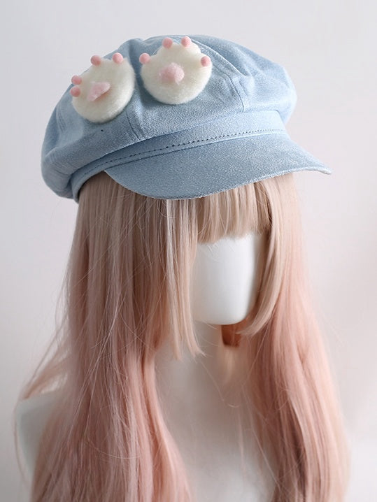 Blaue Baskenmütze mit Spitzenbesatz von Jirai Kei und abnehmbarem Haarband mit Katzenohren und Pfoten