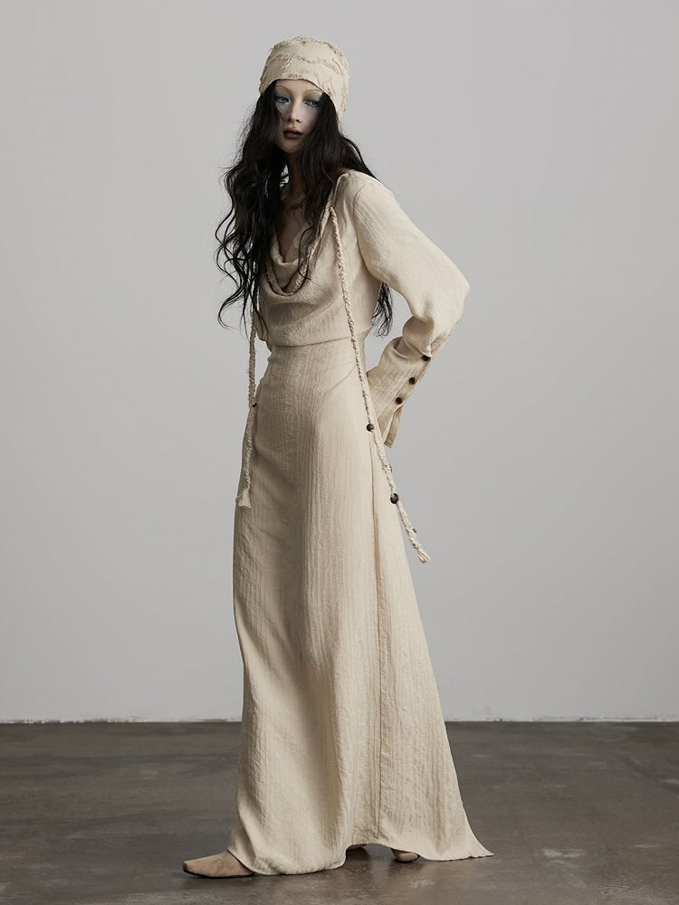 Dress with Urban Goth Apricot Design Cowl Irregular Long-Sleeve Slit Loose Light Neck