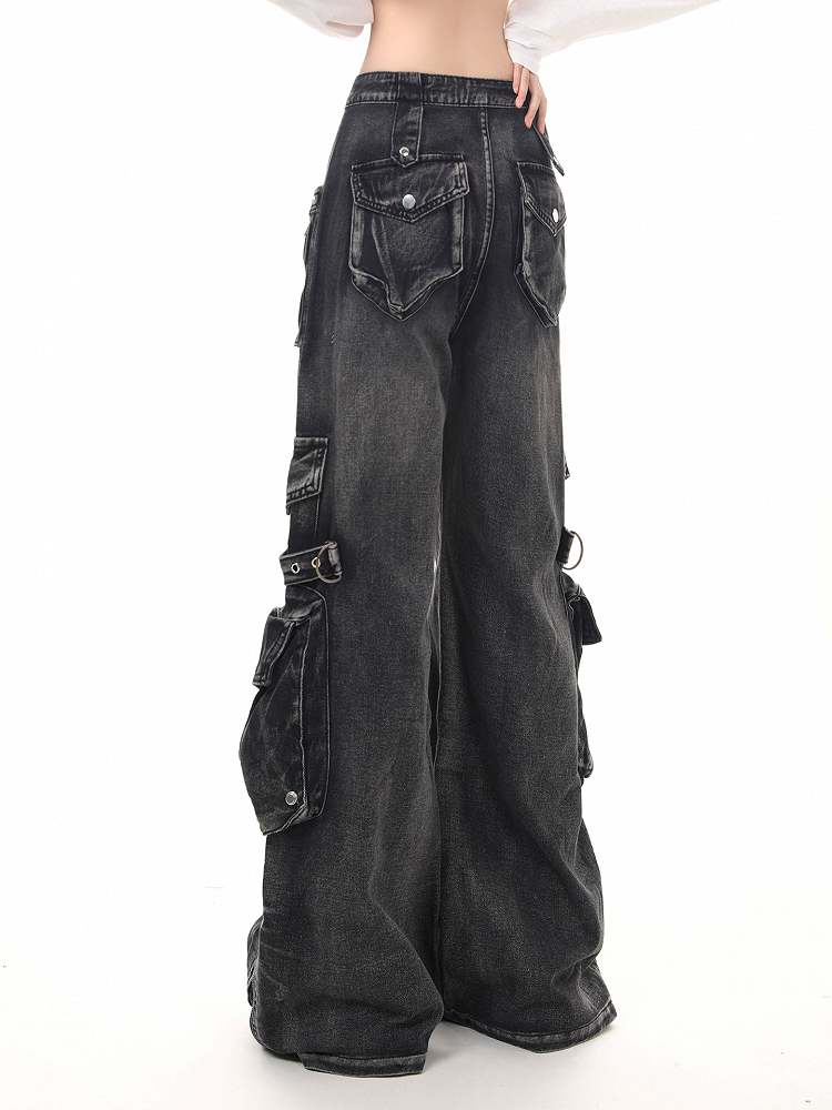 Zip Cuffs and Faded Low Waist Jeans Black/Blue with Punk Flare Cargo Wash