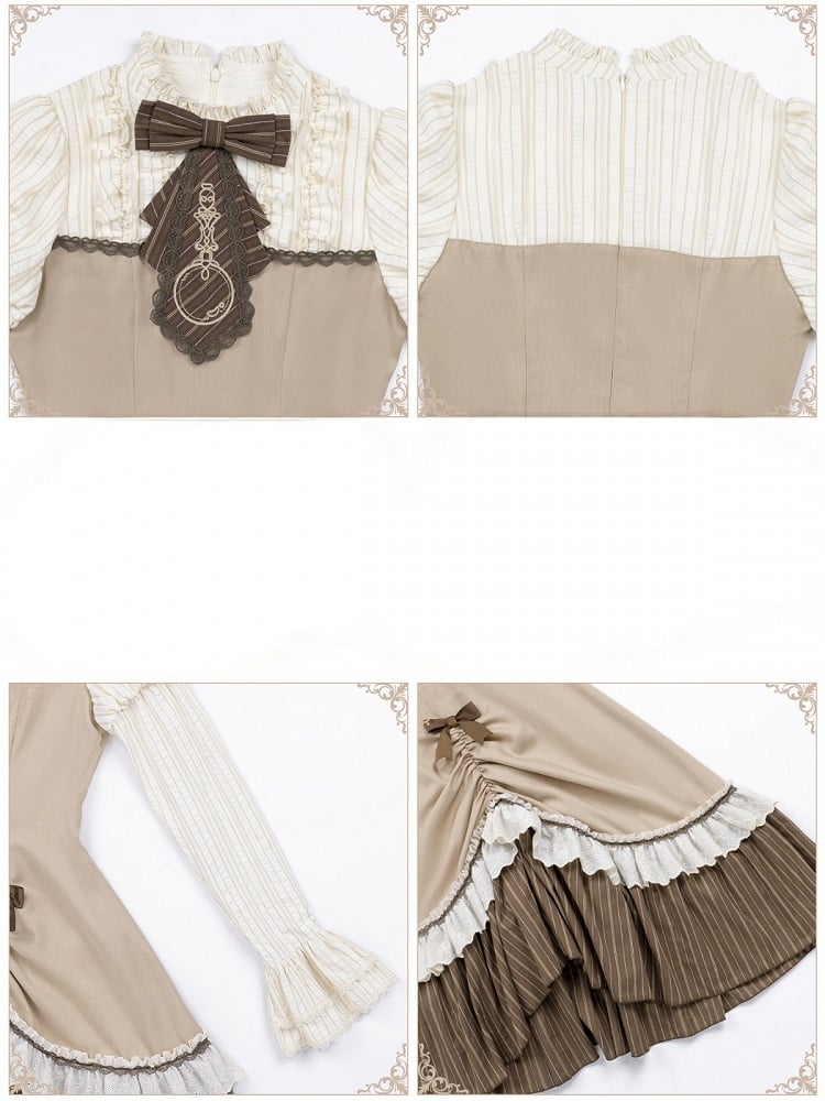 Brown Striped Faux-Layered Lolita Dress Set with Drawstring, Cape, Jabot & Mini Hat - With PUJI