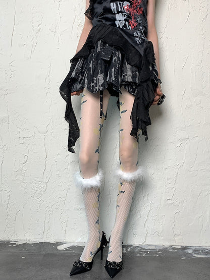 Stockings Fishnet Design Decorated Y2K Underknee Feather White