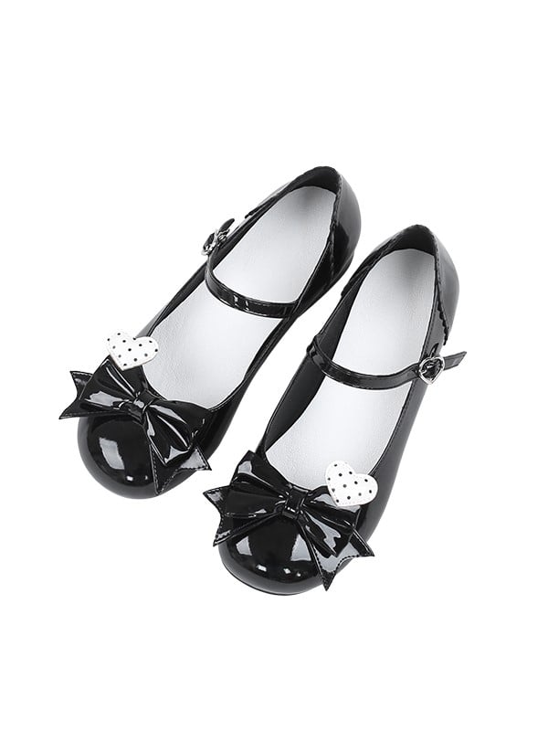 Black Polished Mary Jane Shoes with Bow and Polka Dot Heart Design