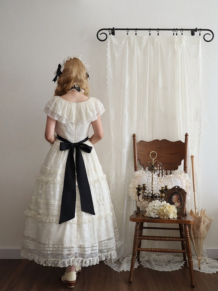 Elegant Classic Beige & Black Lolita Long JSK Gown with Butterfly Bow and Layered Skirt - Miss Cube Dressworks