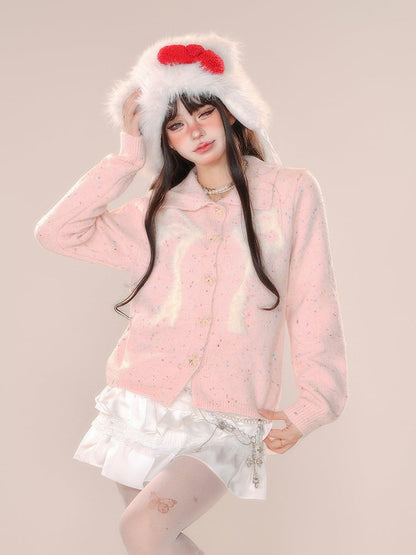 Rosa Strickjacke mit Schleife und Knopfleiste