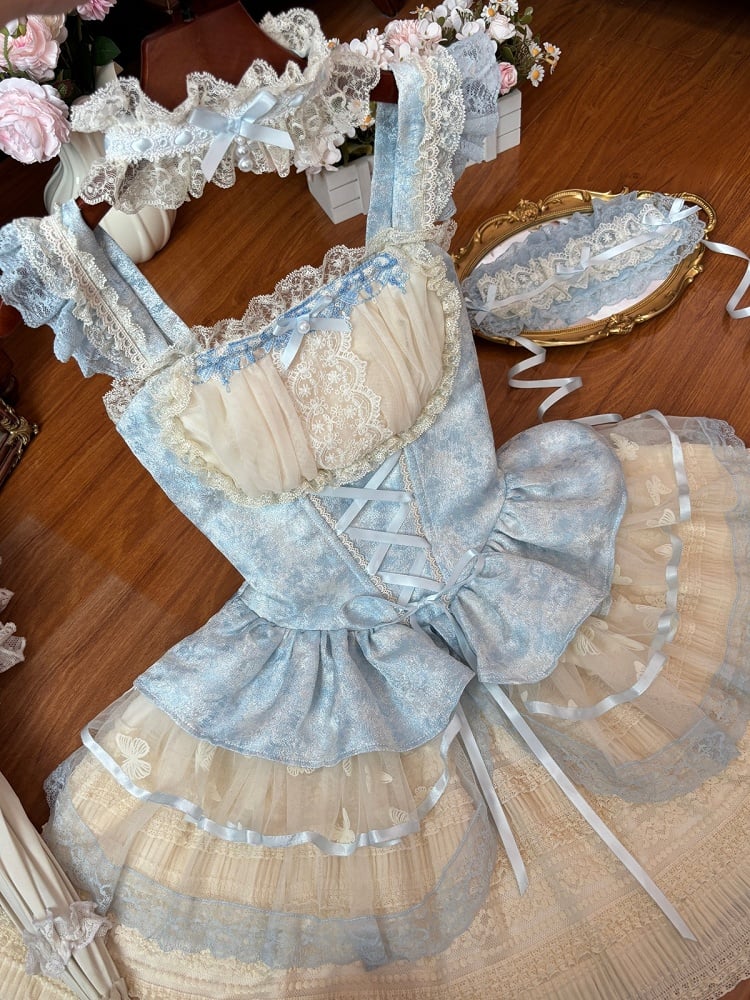 Sweet Blue & Beige Lace-Up Lolita JSK Dress with Lace Trim - Flying ear rabbit