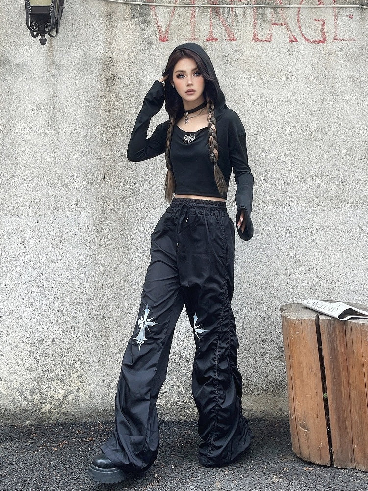 ウエストクロスプリントデザイン ドローストリング ブラック ルーシュ カジュアルパンツ