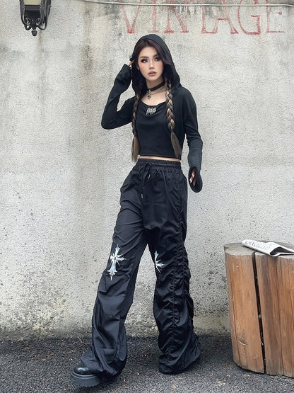 ウエストクロスプリントデザイン ドローストリング ブラック ルーシュ カジュアルパンツ