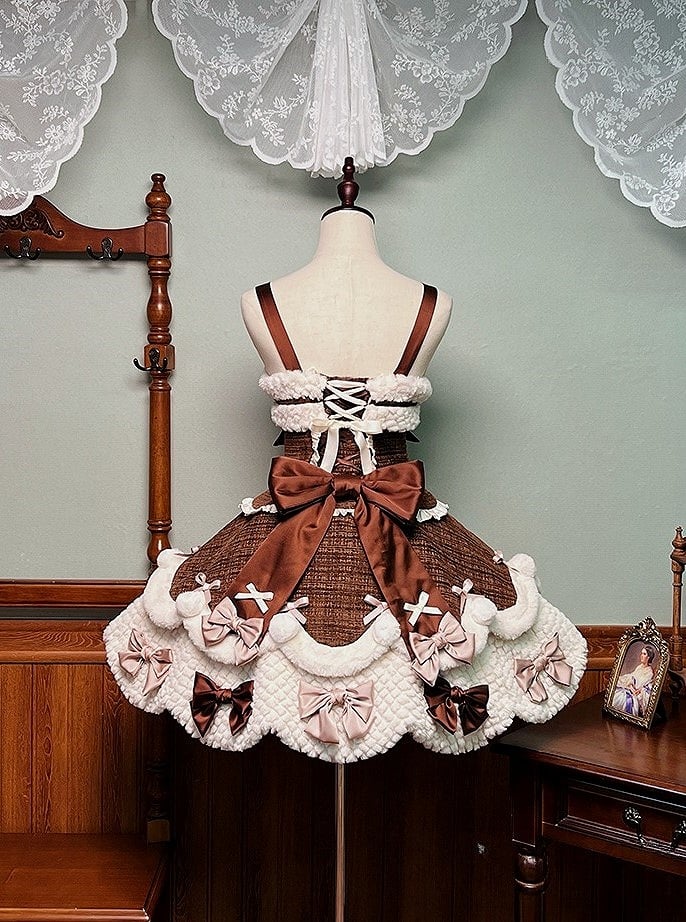 Applikationen Süßes Plüsch Herzchen und Akzente mit Braunen Details Schleife Kleid Lolita Weiß