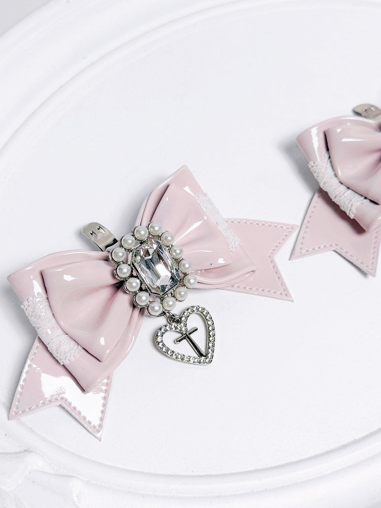 Pink Bowknot Decor Kei Shoe Jirai Black Pink/White Clips Beaded -