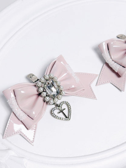 Pink Bowknot Decor Kei Shoe Jirai Black Pink/White Clips Beaded -