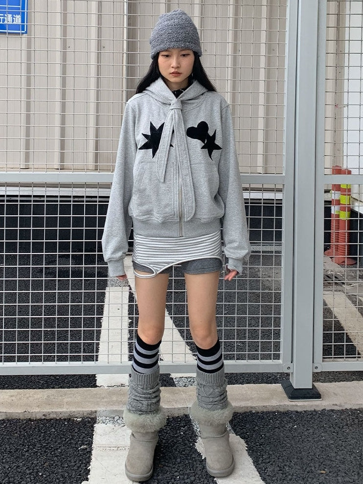 Star Heart Grey Jacket Hooded Patches with