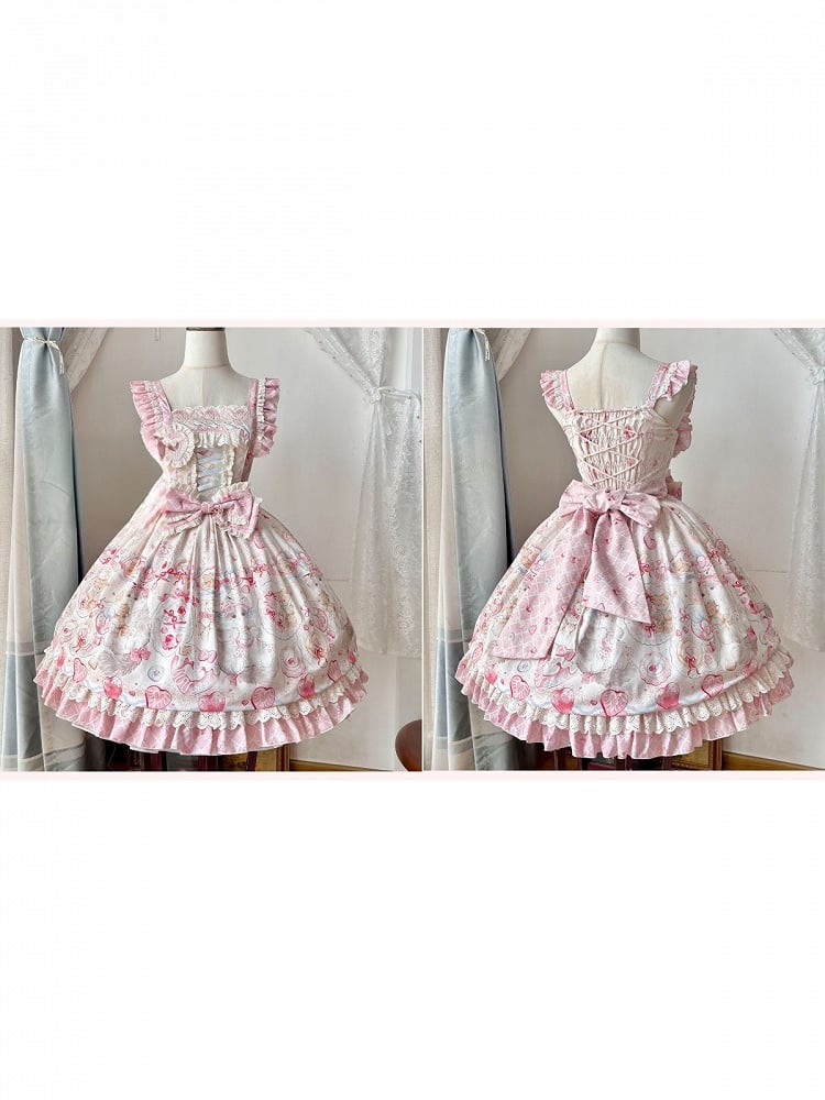Pink Sweet Strawberry Print Lolita JSK Dress with Detachable Bow and Heart Brooch - wawao good night bear