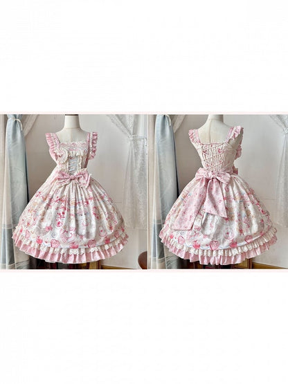 Pink Sweet Strawberry Print Lolita JSK Dress with Detachable Bow and Heart Brooch - wawao good night bear