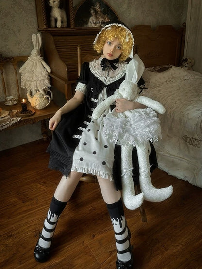 Vintage Gothic Puff Sleeve Lolita Doll Dress with Polka Dot and Lace - Charing Cross