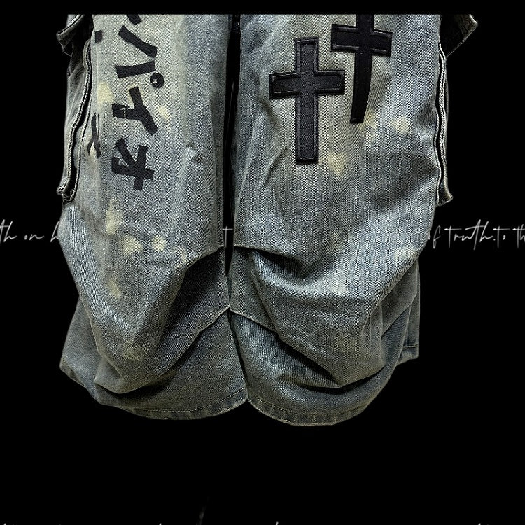 Light Wide-leg Appliques Cross Punk Blue Distressed Wasteland Jeans Cargo