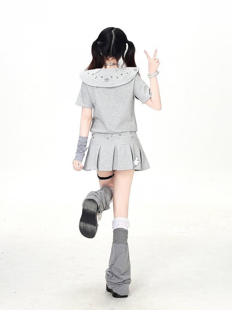 Gray Sailor Collar Zip-Up Tee with Kitty Embroidery - CRAZY GIRL