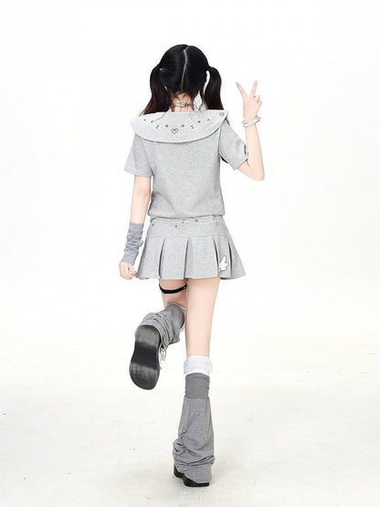 Gray Sailor Collar Zip-Up Tee with Kitty Embroidery - CRAZY GIRL