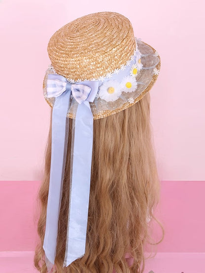 ブルー/ピンク/イエローのデイジーリボンアクセントの麦わら帽子