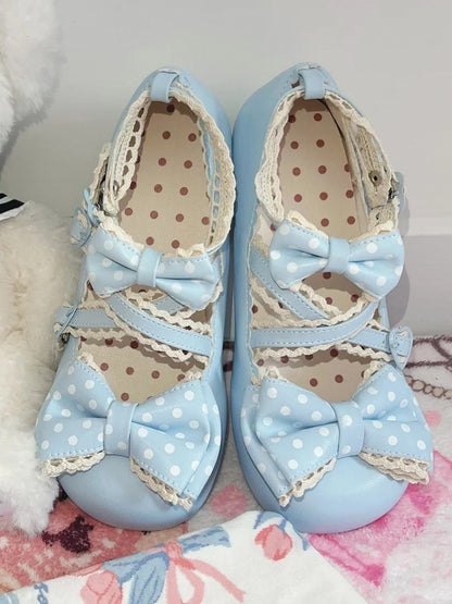 Mary with Janes Snap Heart-shaped Blue Lolita Bow Closure Lace-trimmed Sweet