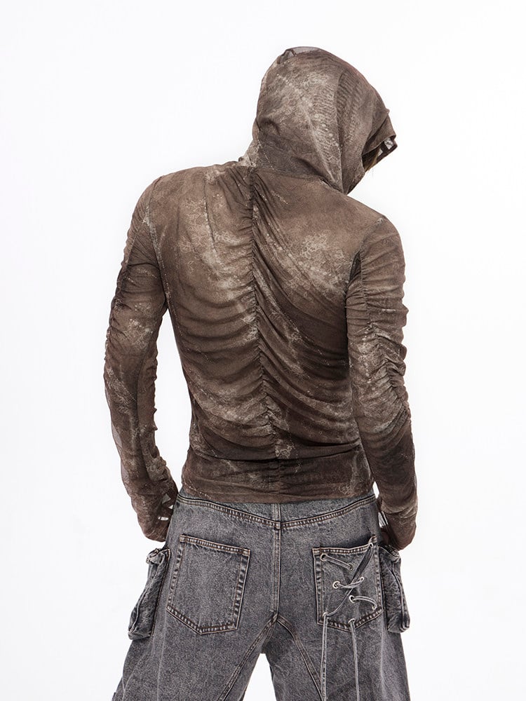 Brown Wasteland Punk Long Sleeve Top - Ruched Detail & Thumbhole Cuffs