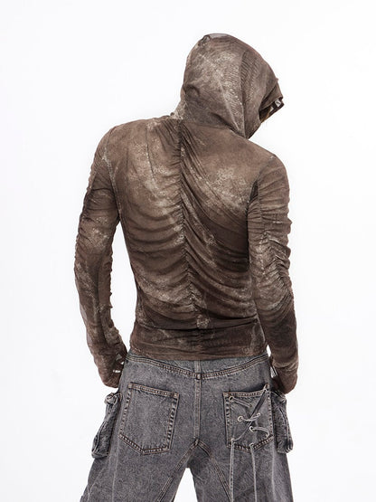 Brown Wasteland Punk Long Sleeve Top - Ruched Detail & Thumbhole Cuffs