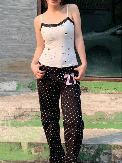 Number Wide-leg Dot with Black Pants Polka Print and