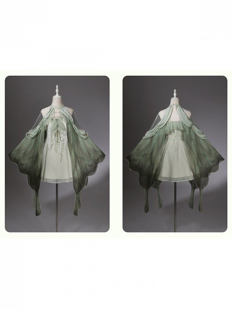 Mori Fairy Green Beige Halter Lolita Gown with Cutout Lace Accents - Unknown Star