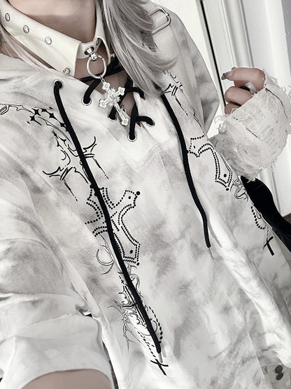 HolesCross Distressed Tie-Dye Devil WhiteGray Sleeve Print Short Horn Hoodiewith Gothic