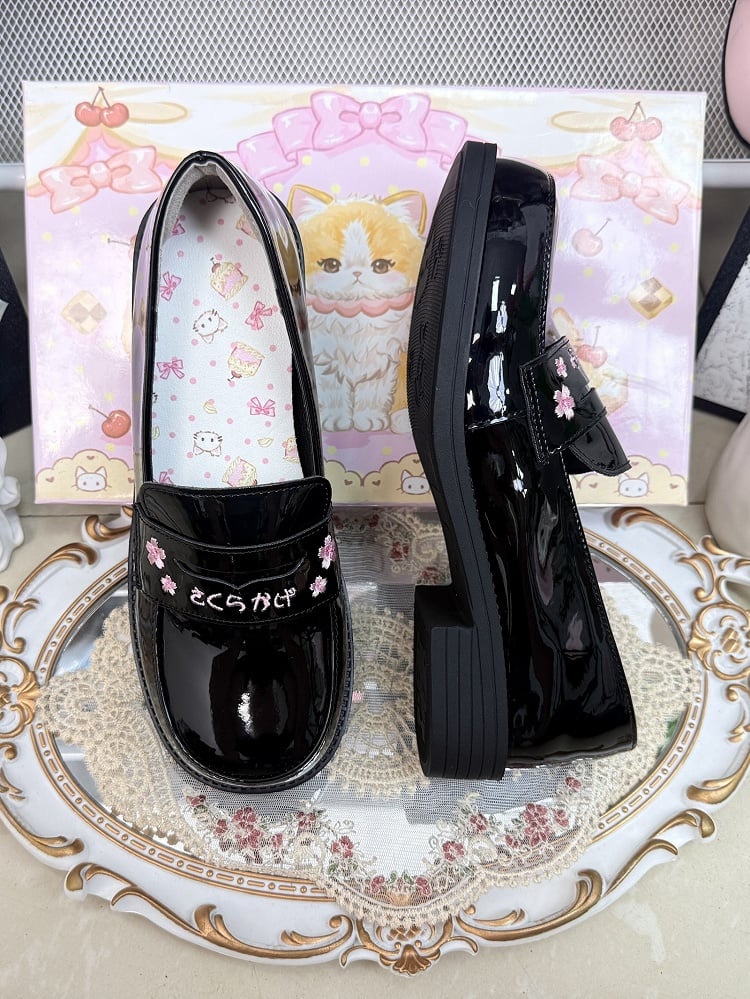 Slip-On Design, Sakura & Japanese Stitching PU Black Low/Mid Heels in Preppy Style