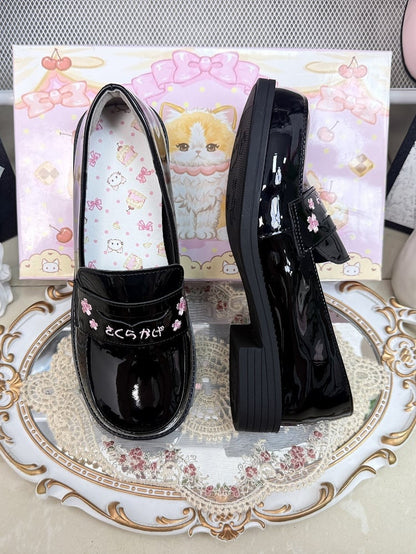 Slip-On Design, Sakura & Japanese Stitching PU Black Low/Mid Heels in Preppy Style