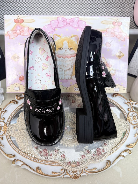 Slip-On Design, Sakura & Japanese Stitching PU Black Low/Mid Heels in Preppy Style