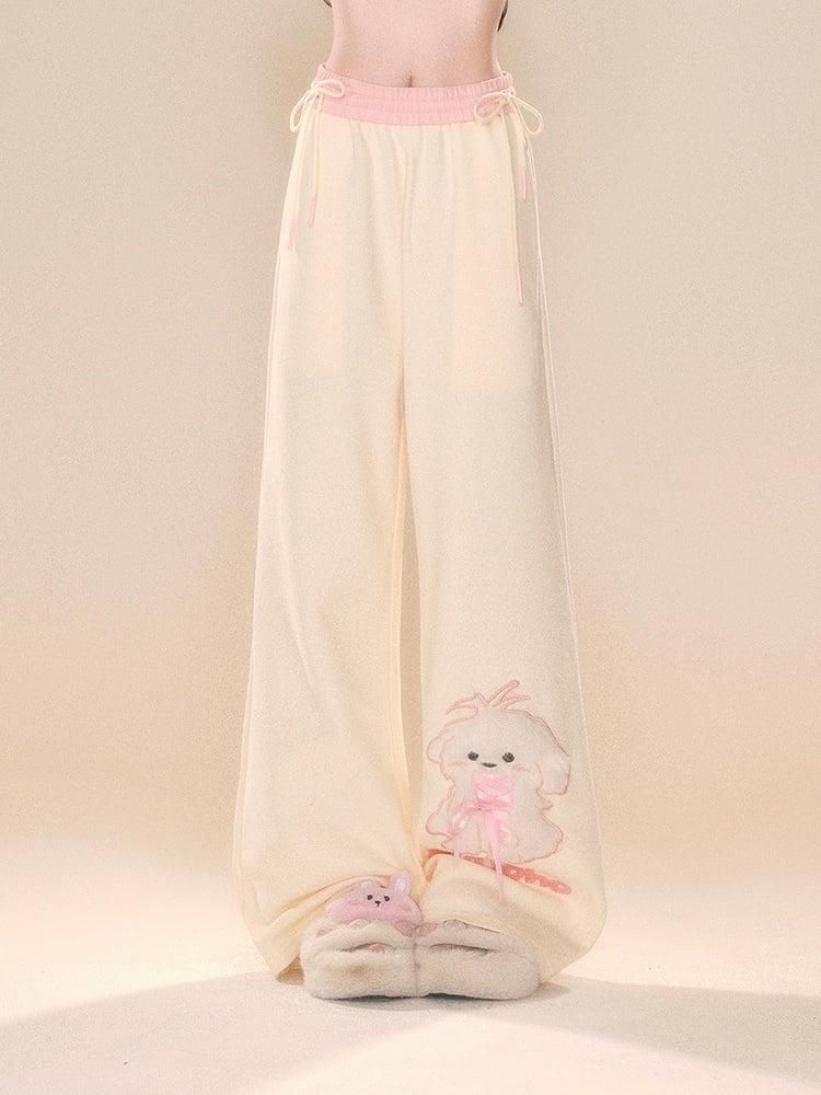 Beige Wide-Leg Pants with Pink Waistband and Embroidered Puppy Design