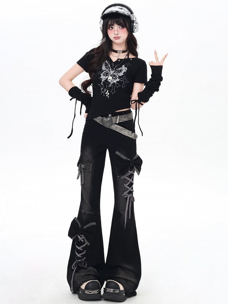 Flare Lace-Up ow Accents Detail Jeans Y2K Silhouette Black with Design