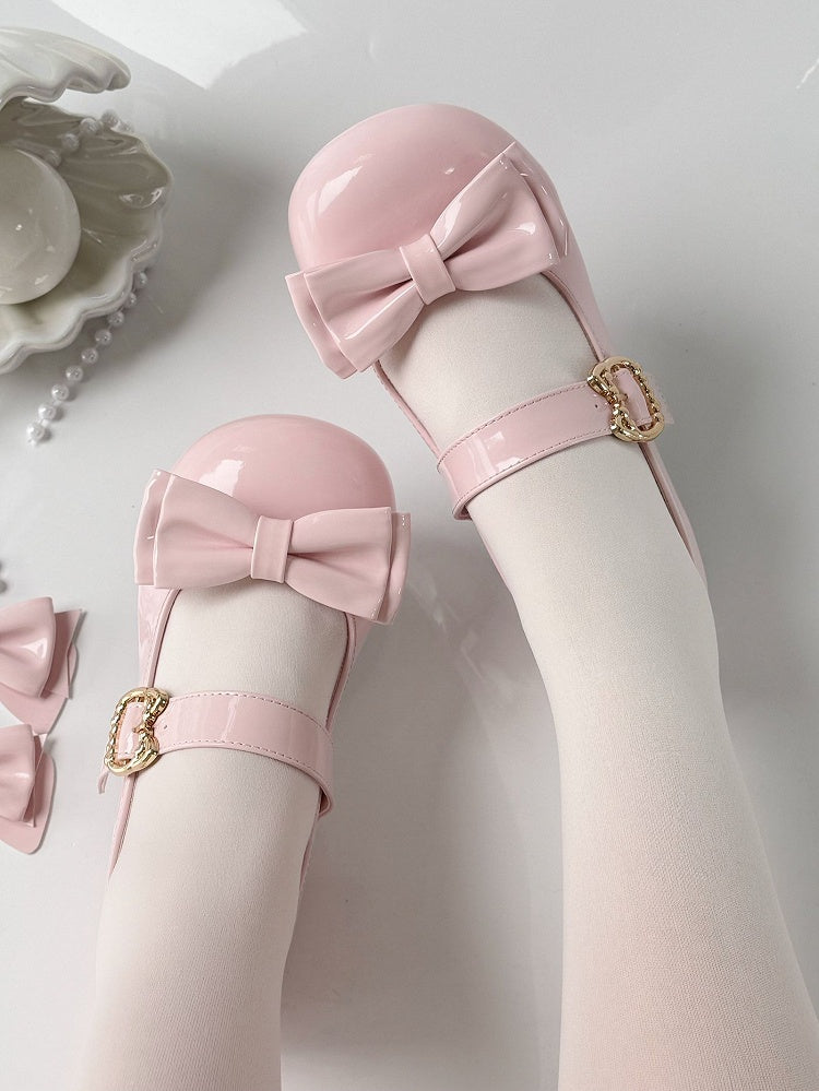 PU Bow 2cm Heeled with Detachble Jane Clips Mary Cat-shaped Buckle Round-toe Pink