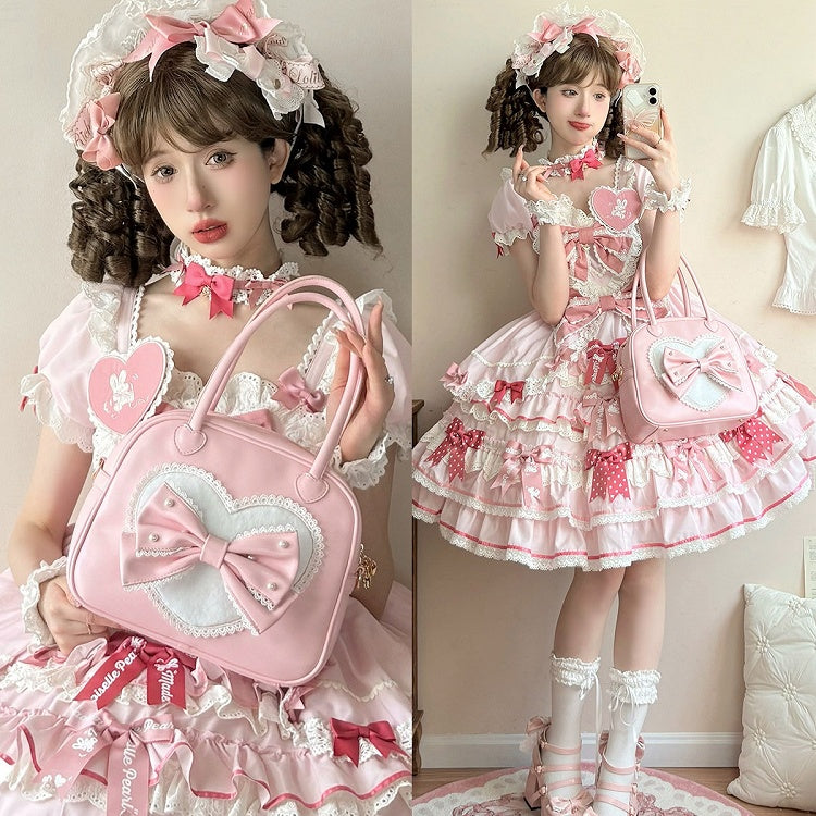 Perlenverzierte Schleife Plüschhandtasche Rosa Süßes Lolita-Herz